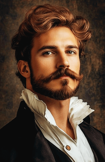 갈색의 곱슬머리를 가진 잘 생긴 백인 남자 귀족이 옷을 잘 차려입고 정면을 바라본다.