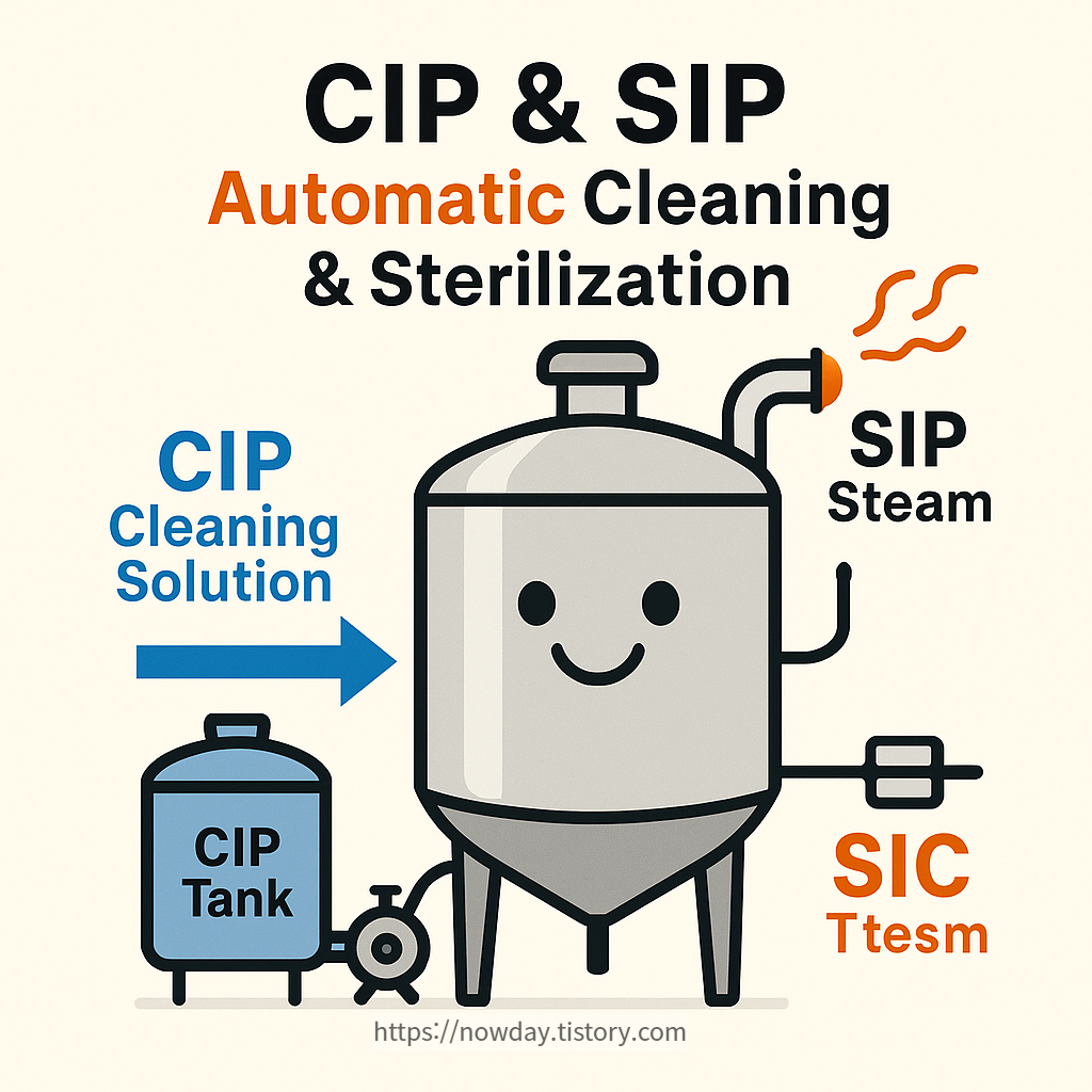 Cute infographic showing CIP and SIP systems with tanks and steam for automatic cleaning and sterilization in pharmaceutical plants.