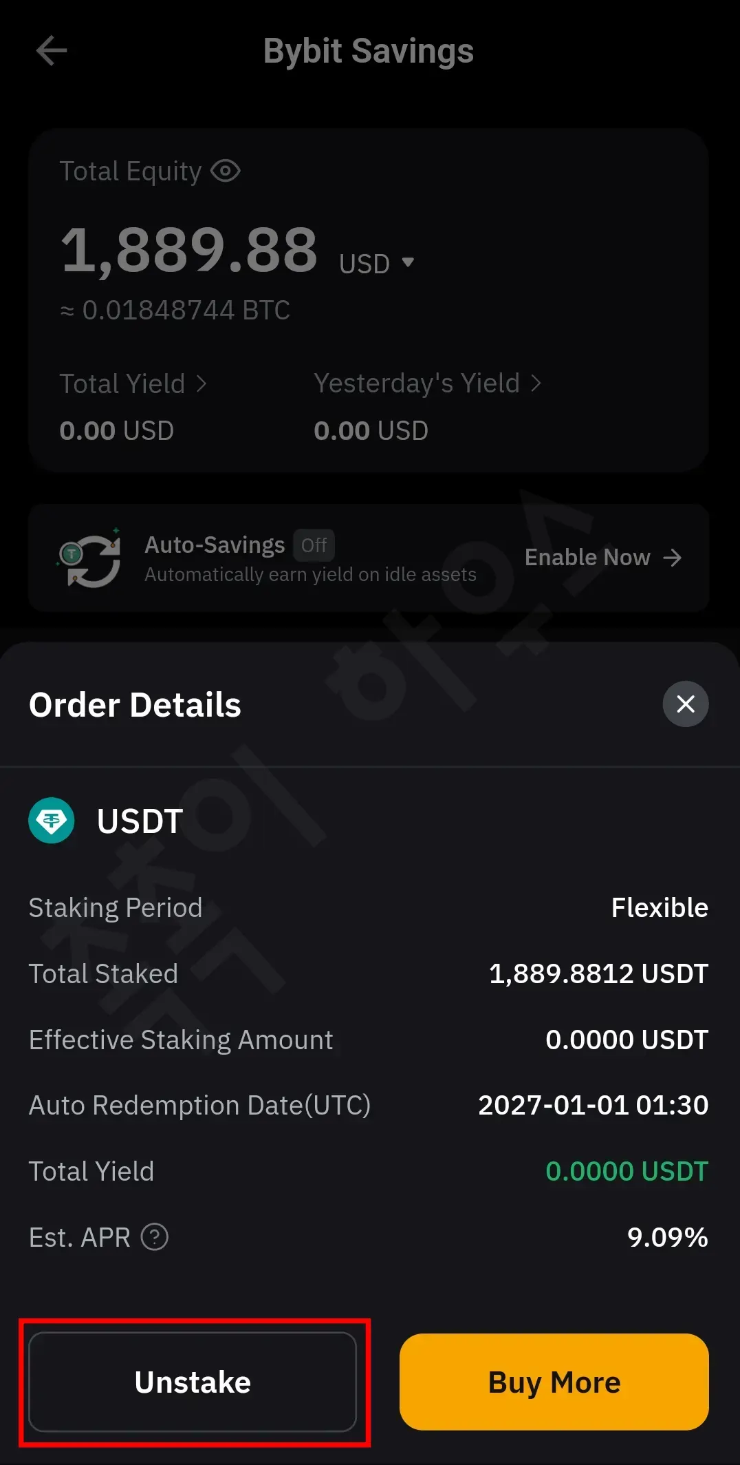 바이비트 EARN 투자 내역 확인 화면&amp;#44; Earn 탭에서 1889.88 USD가 스테이킹 중인 상태 표시