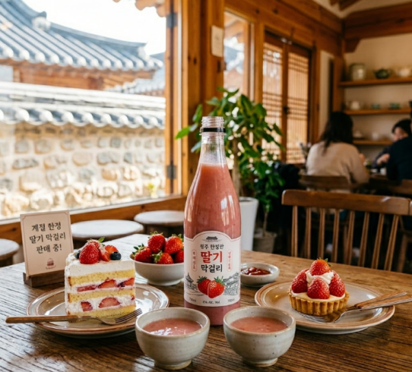 전통 한옥 카페 테이블에 놓인 2026 청주 딸기 팝업 페스타 한정판 딸기 막걸리와 생딸기 케이크, 타르트 디저트 세트