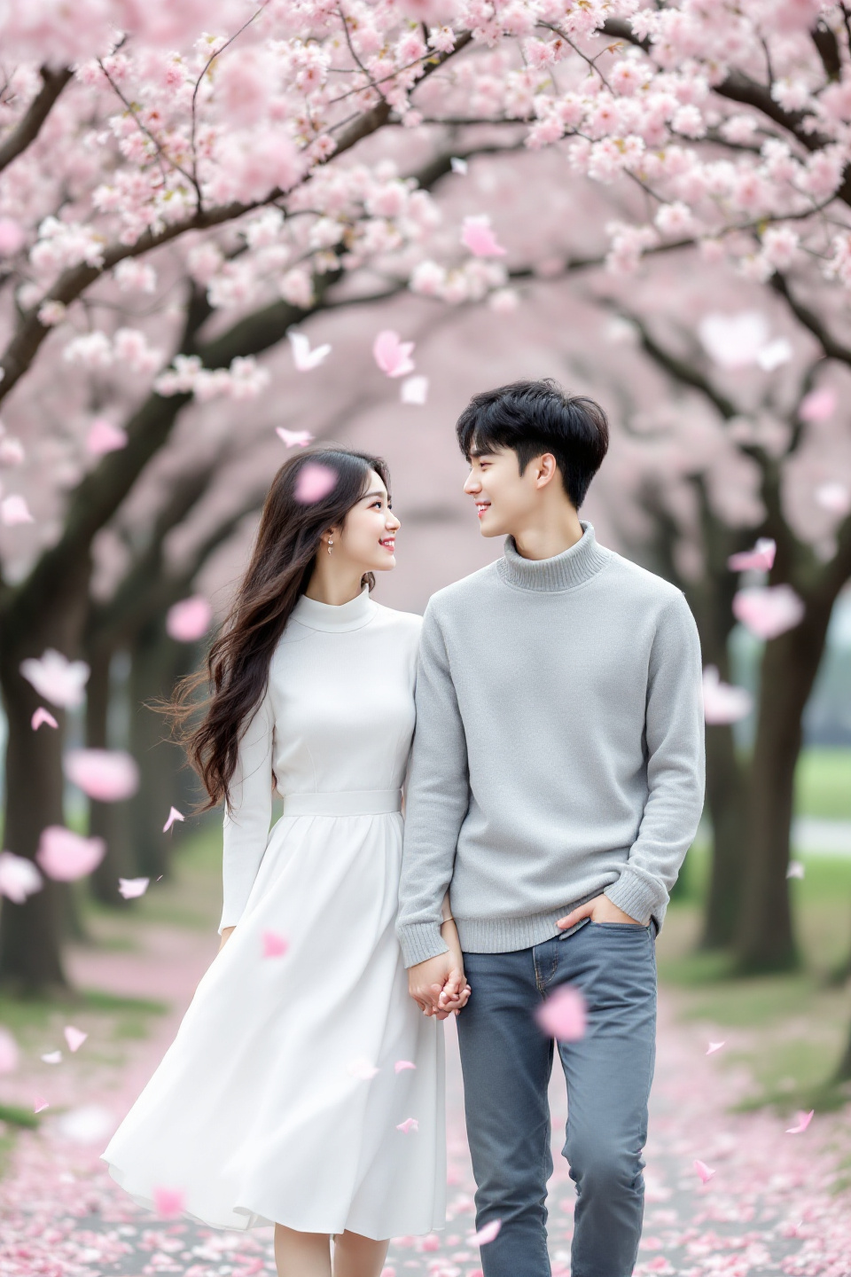 벚꽃아래 서로 손을 맞잡고 걷고 있는 남녀