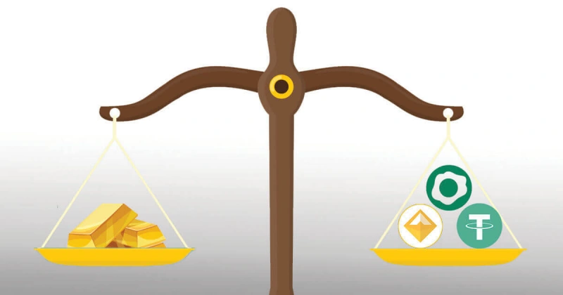 양팔저울에 메달려 있는 금과 스테이블 코인