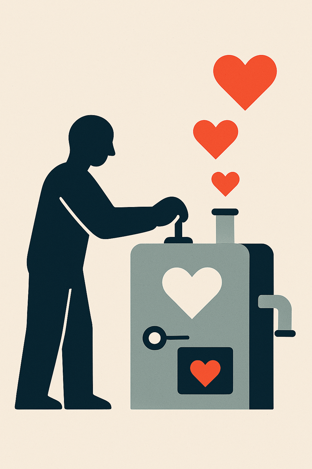 좋아요를 생성하는 기계와 연결된 사람을 표현한 디지털 아트