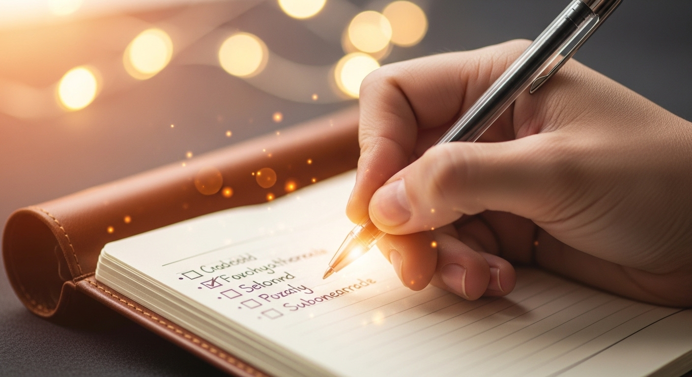 작은 노트에 펜으로 글을 쓰는 손, 꾸준한 마이크로 루틴 실천을 상징합니다.