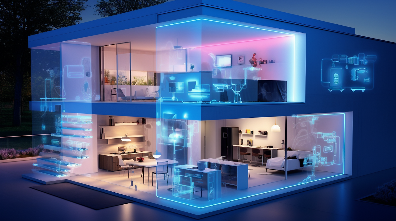 A scene of smart home appliances connected to each other, controlled by a smartphone in a modern kitchen and living room