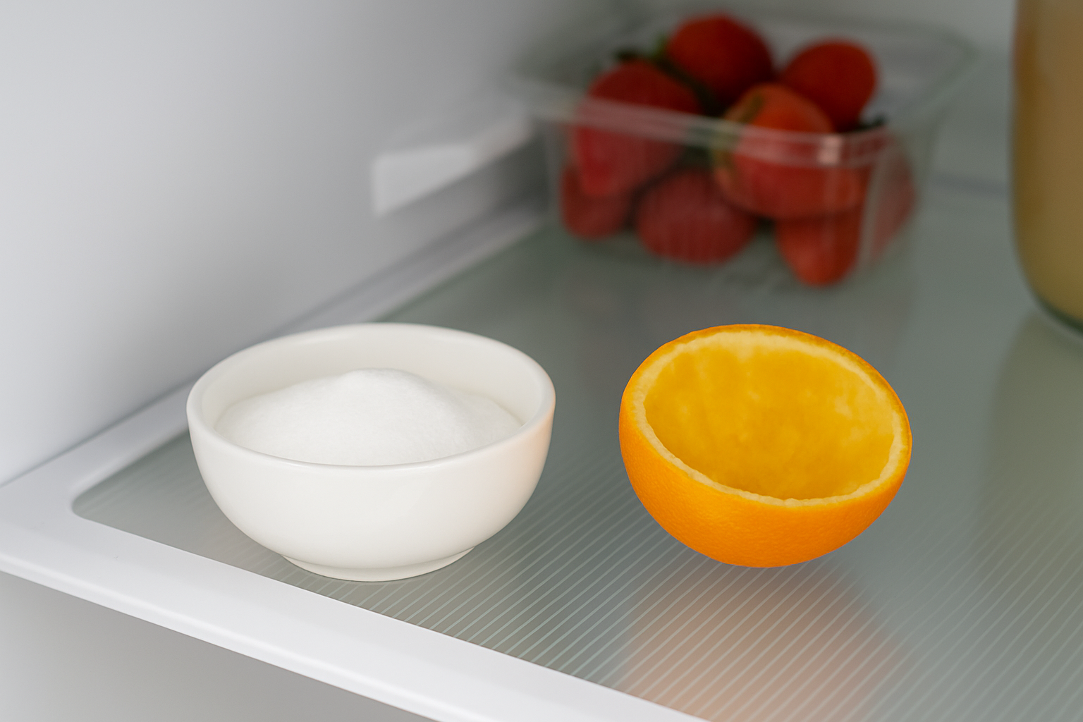 냉장고 선반위, 하얀 도자기 그릇에 담긴 베이킹 소다와 반으로 자른 오렌지 껍질이 놓여 있고, 배경에는 투명 용기에 담긴 딸기가 흐릿하게 보이는 정돈된 내무 모습