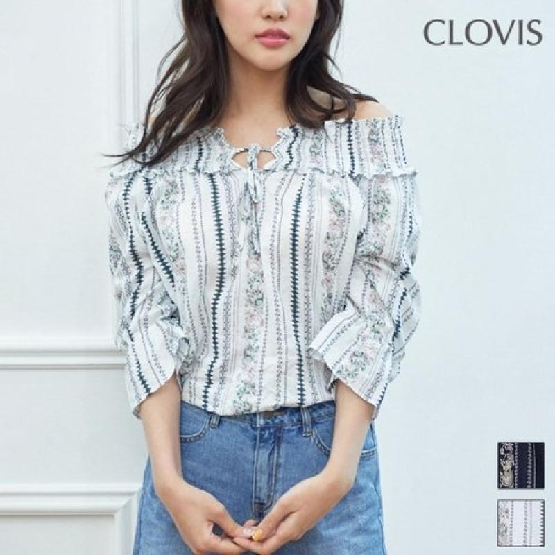 CLOVIS 클라비스 넥 스모킹 에스닉 블라우스 CVBW92512Q