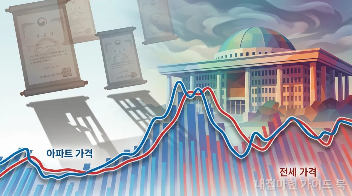 정부 정책 문서가 부동산 시장 그래프에 그림자를 드리우는 모습, 정책 변화의 영향을 시각화