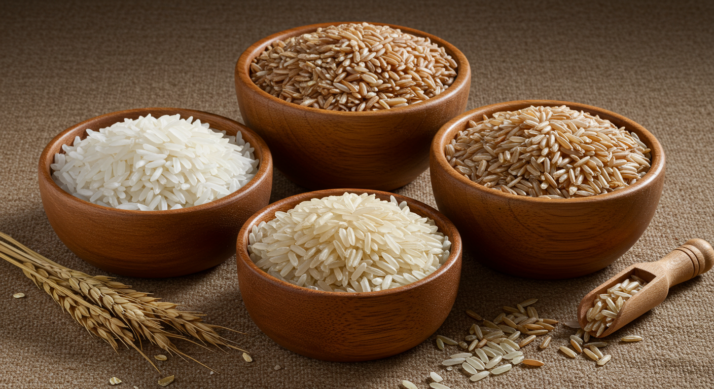 백미와 현미, 다양한 잡곡이 나란히 놓인 모습
