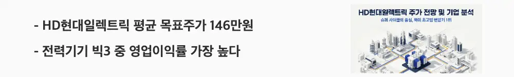 'HD현대일렉트릭 평균 목표주가 146만원'이라는 문구가 포함된 웹배너 이미지. 이 이미지는 증권사 목표주가 컨센서스와 전력기기 빅3 수익성 비교를 시각적으로 전달하며, 블로그의 HD현대일렉트릭 목표주가 분석과 관련된 내용을 설명함