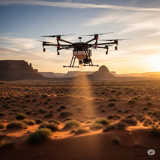 사막화 방지 기술로 드론이 사막에 물 뿌리는 모습