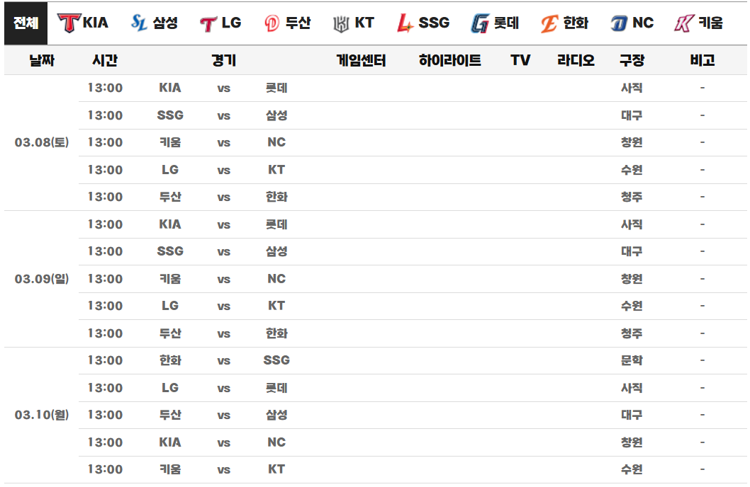 KBO 프로야구 시범경기 예매 방법, 기간