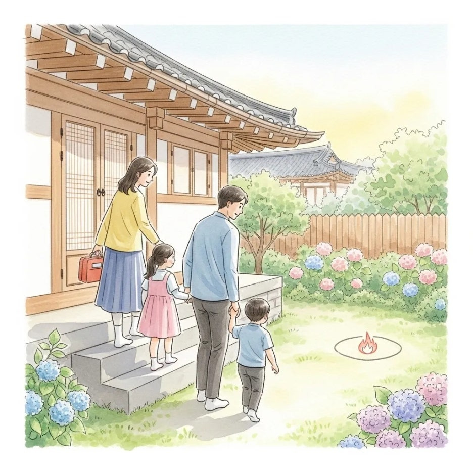 가족이 함께 화재 대피 훈련하는 모습