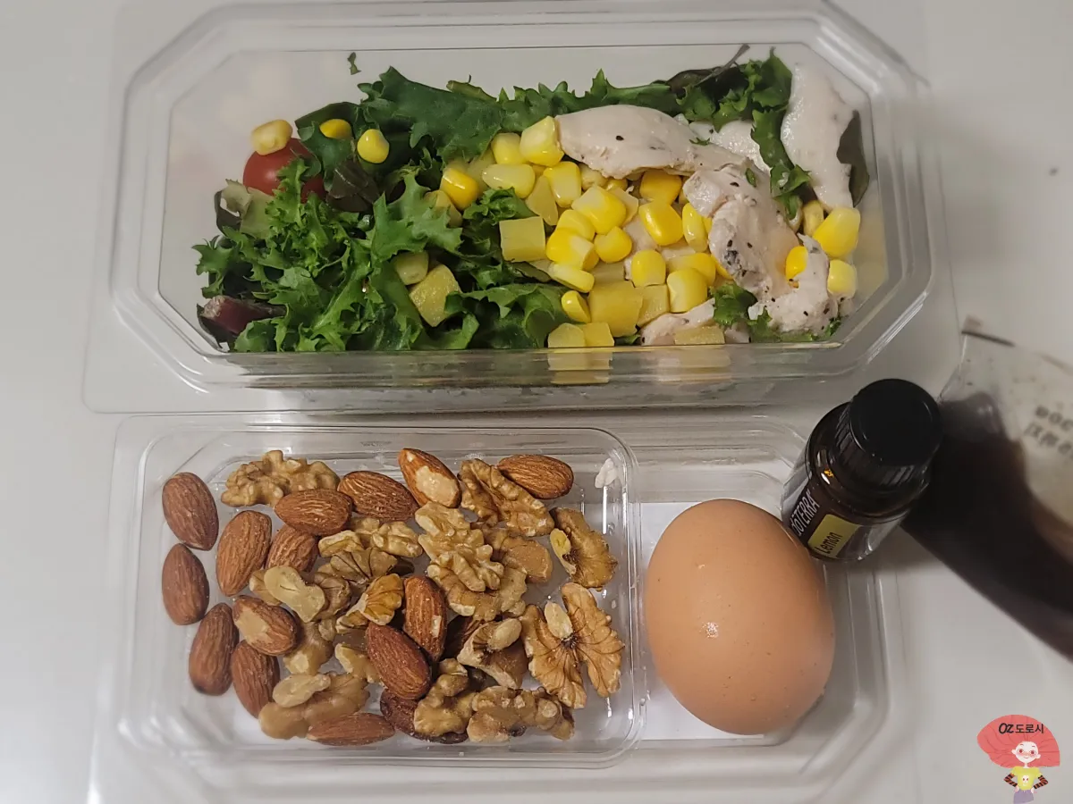 쿠팡-닭가슴살-샐러드와-곁들임-견과류와-계란-한알