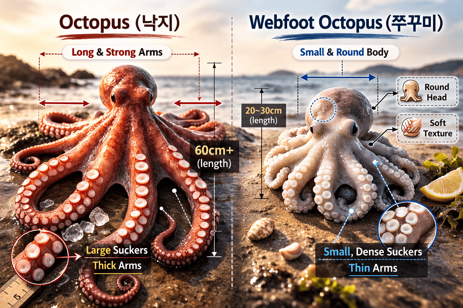 낙지와 쭈꾸미 차이: 크기, 식감, 생태 비교