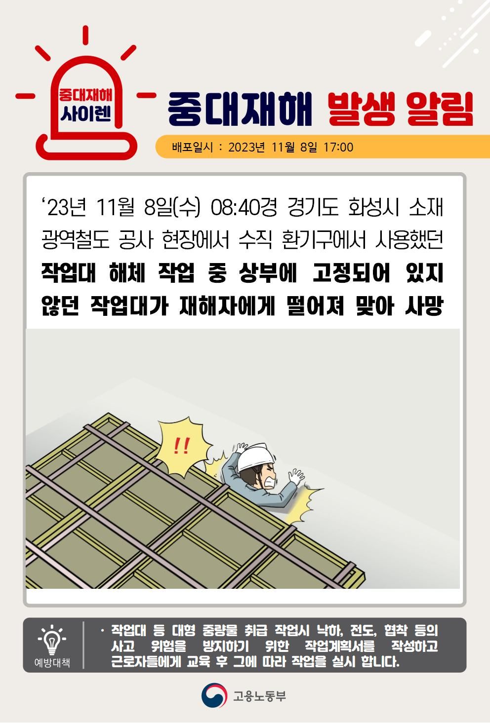 작업대 해체 작업 중 상부 작업대가 떨어져 맞음