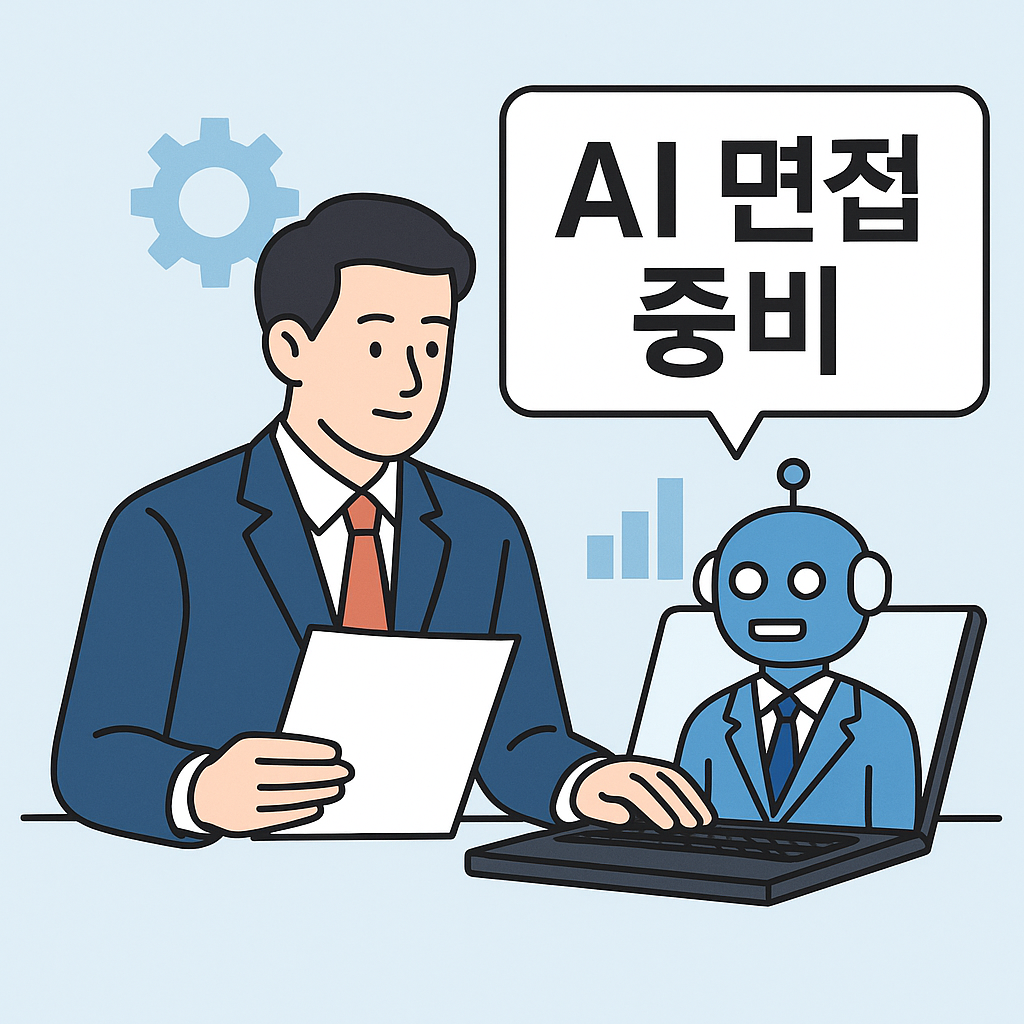 AI 면접을 준비하는 직장인과 인공지능 로봇 일러스트