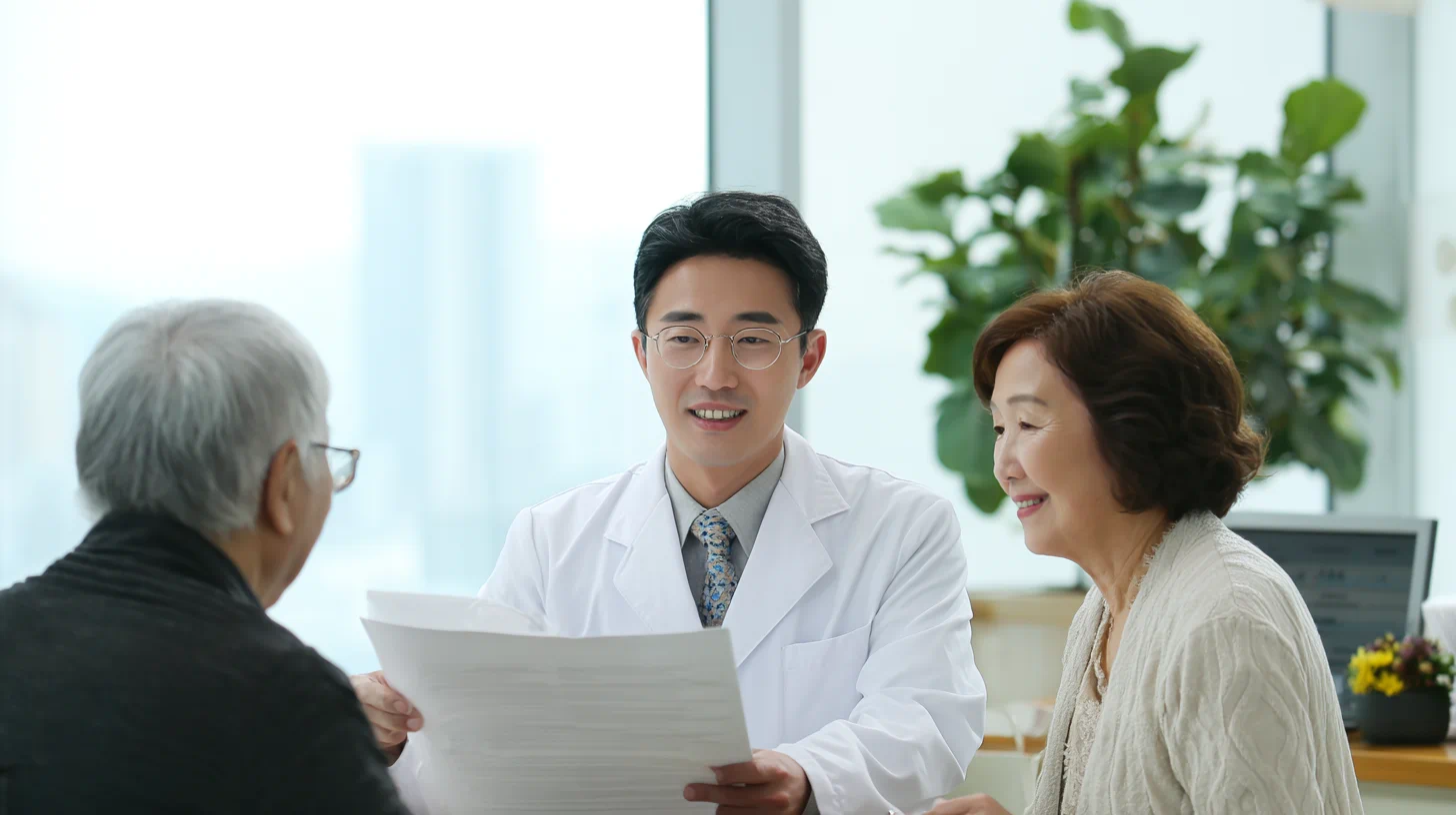 의사가 검사 결과 종이를 들고 설명하는 장면, 노인 환자와 보호자 상담
