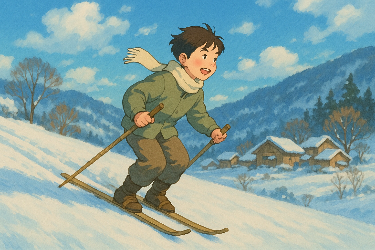 눈밭에서 대나무 스키를 타고 달리는 소년, 강원도의 옛 풍경 속 자유로움
