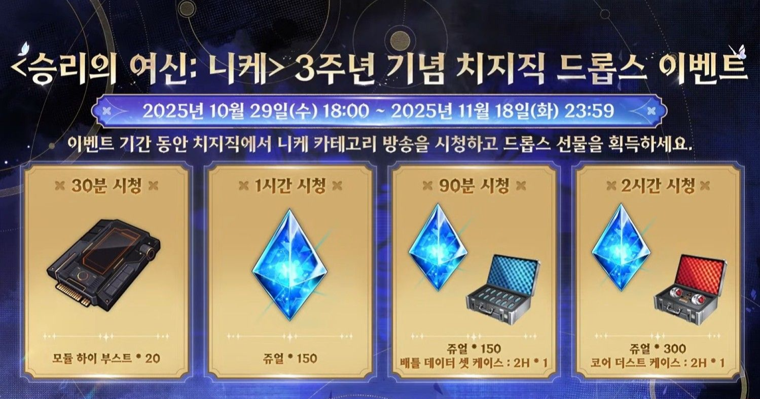 승리의 여신 니케 3주년 특별 방송 요약 치지직 드롭스 이벤트