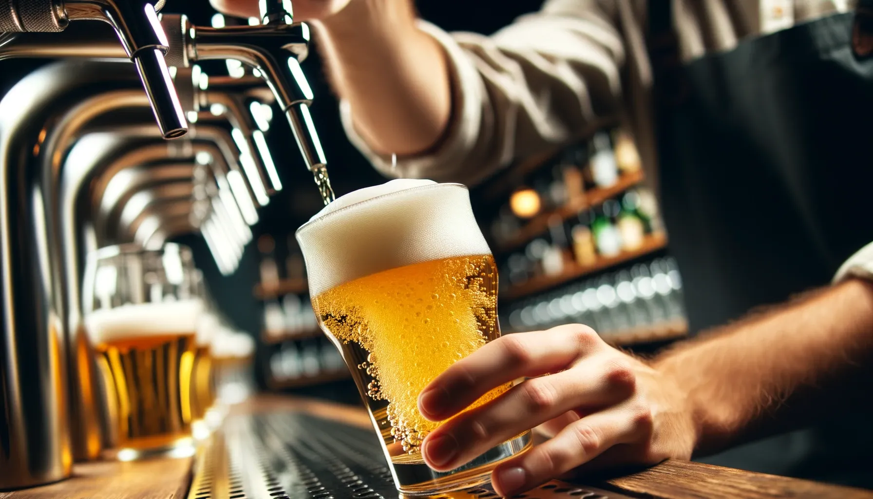 바텐더가 거품이 있는 맥주를 잔에 따르는 사진으로, 황금빛 액체와 거품에 초점을 맞춥니다.