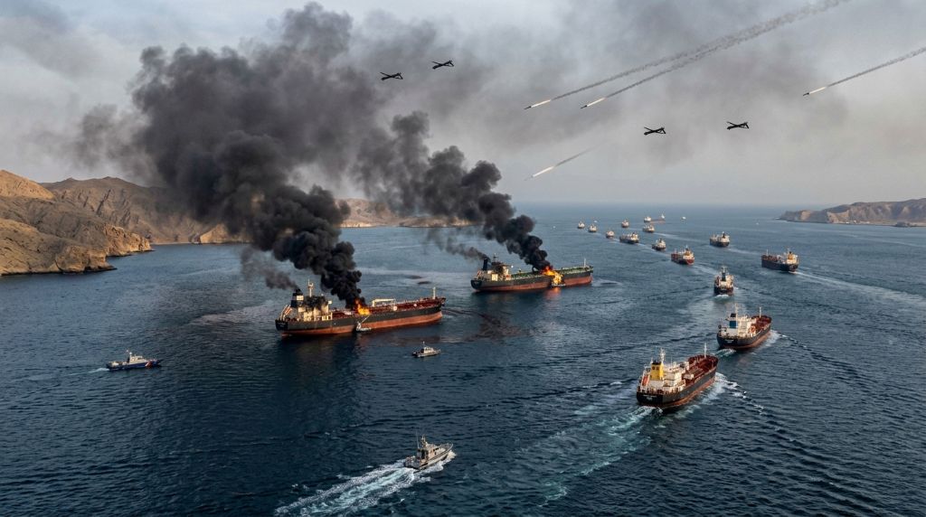 이란의 미사일 공격을 받고 불타는 유조선