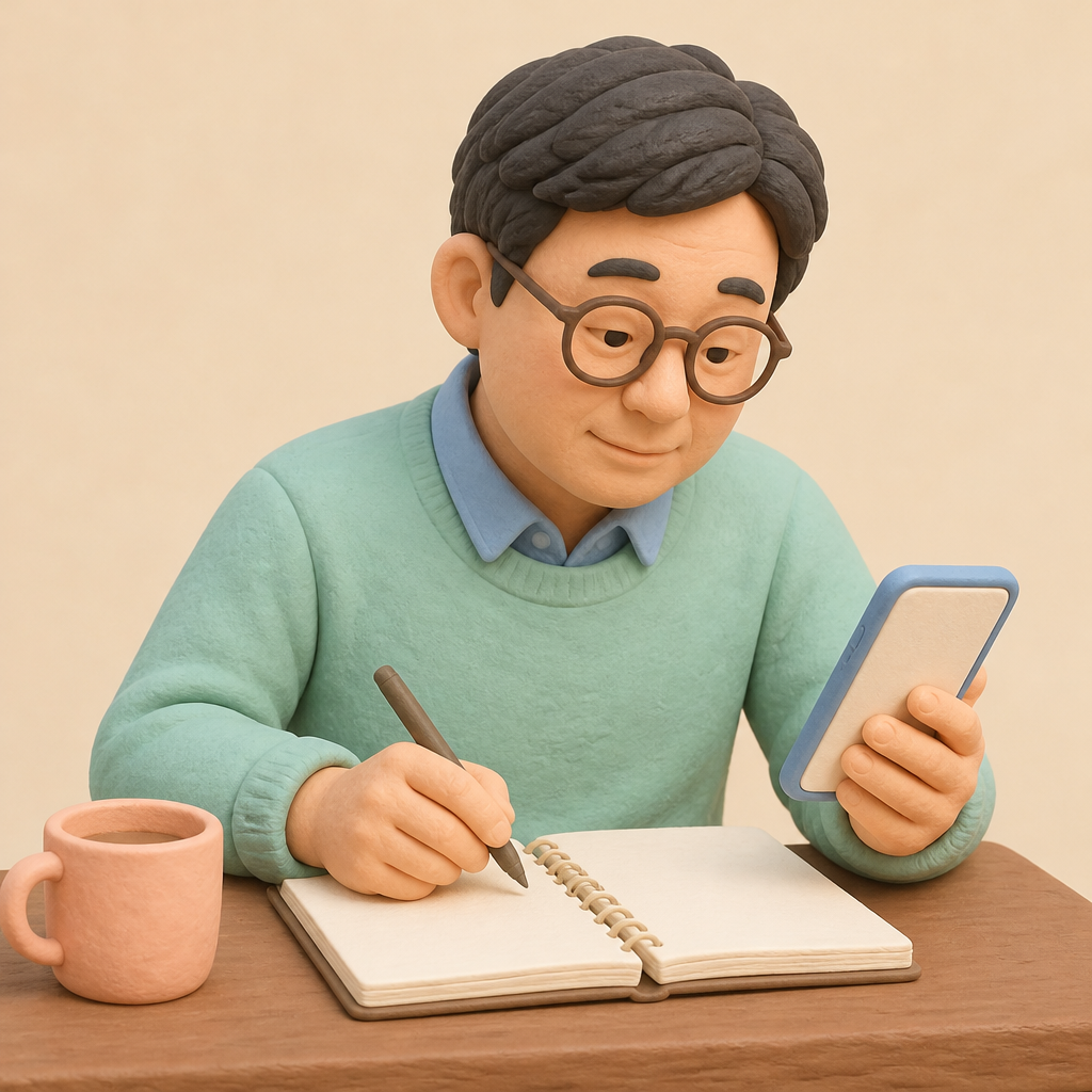서재 책상에서 휴대폰 화면 속 글을 노트에 옮겨 적는 40대 남성
