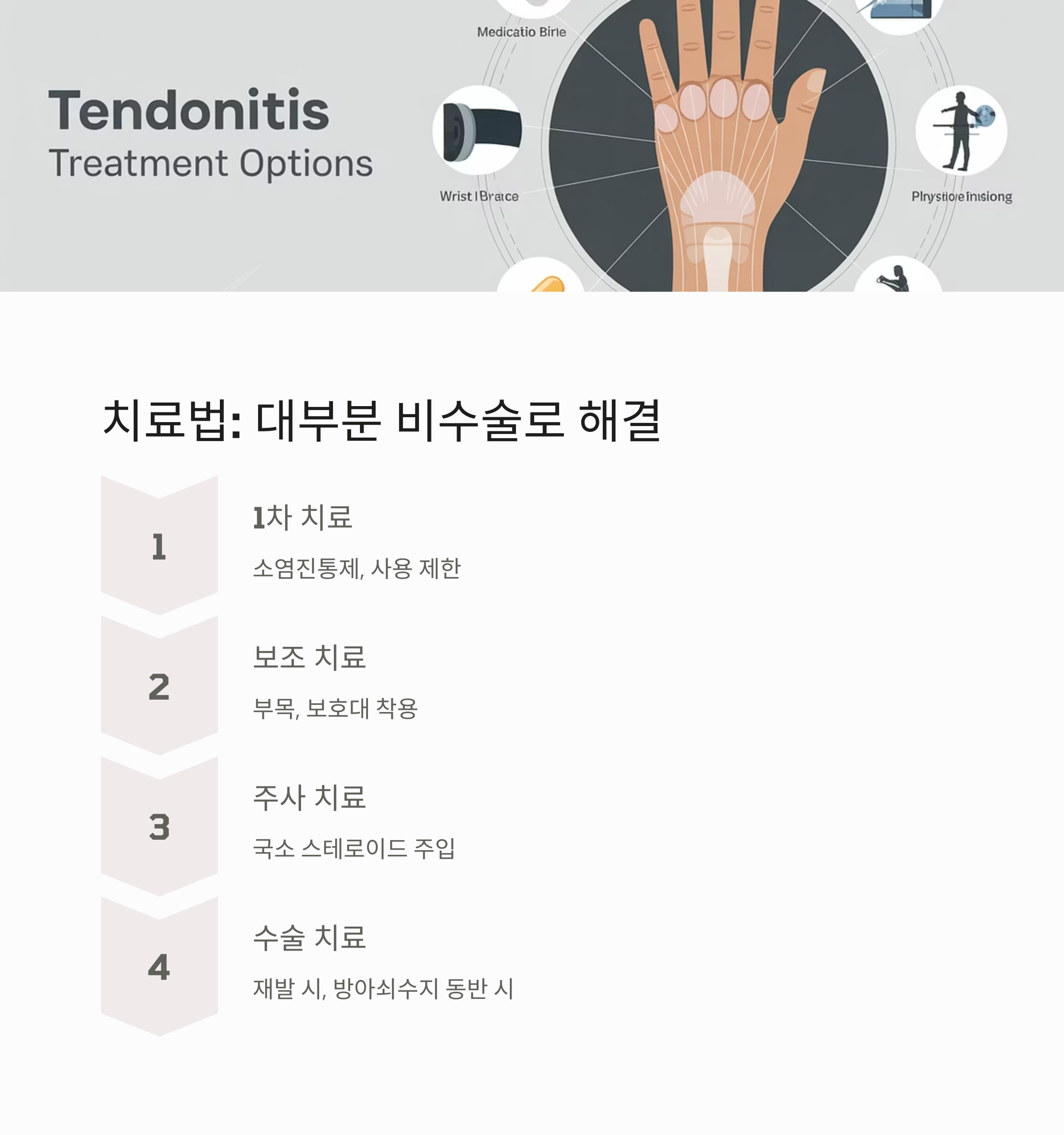 건초염 치료 옵션(소염제, 보호대, 주사, 수술 등)을 1~4단계로 정리한 일러스트 인포그래픽