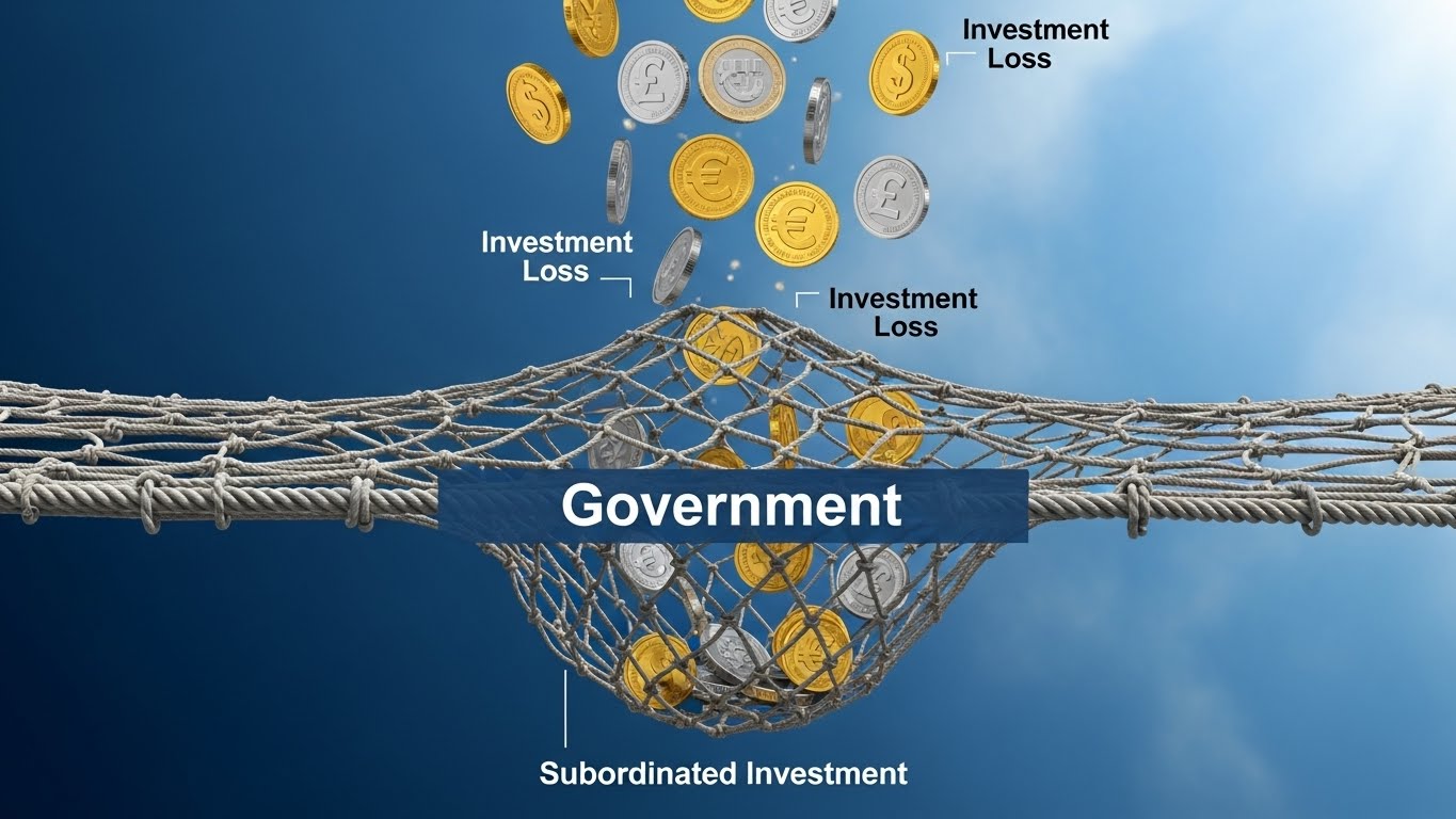 A conceptual image of a safety net (Government) catching falling coins (Investment Loss), visually explaining the subordinated investment structure for risk mitigation.