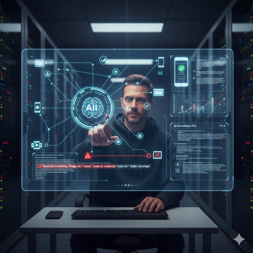 서버 룸으로 가득한 데이터센터에서 후드티를 입은 남성이 앉아 손으로 대형 홀로그램 인터페이스를 조작하고 있다. 홀로그램 중앙에 뇌 모양의 AI 아이콘과 연결된 네트워크, 스마트폰 화면, 그래프, 'AI Remediation Plan' 목록, 빨간 경고 메시지('Potential Breaking Change')가 표시되어 있다. 어두운 조명 아래 서버 랙이 빛나며 미래적인 기술 환경을 강조한 장면.