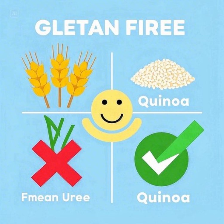"글루텐 프리와 일반 식품을 대비시킨 인포그래픽 스타일 이미지. 왼쪽에는 밀, 보리, 호밀이 적힌 붉은 X표시가 있고, 오른쪽에는 쌀, 퀴노아, 감자 등 안전한 식품들이 초록색 체크마크와 함께 배치. 중앙에는 셀리악병 환자를 상징하는 스마일 아이콘이 있으며, 전체적으로 깔끔하고 교육적인 느낌의 파스텔 블루와 그린 톤으로 구성"