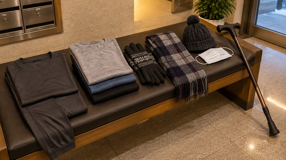 한파 외출 준비물로 챙긴 내복, 장갑, 목도리, 모자, 마스크, 지팡이