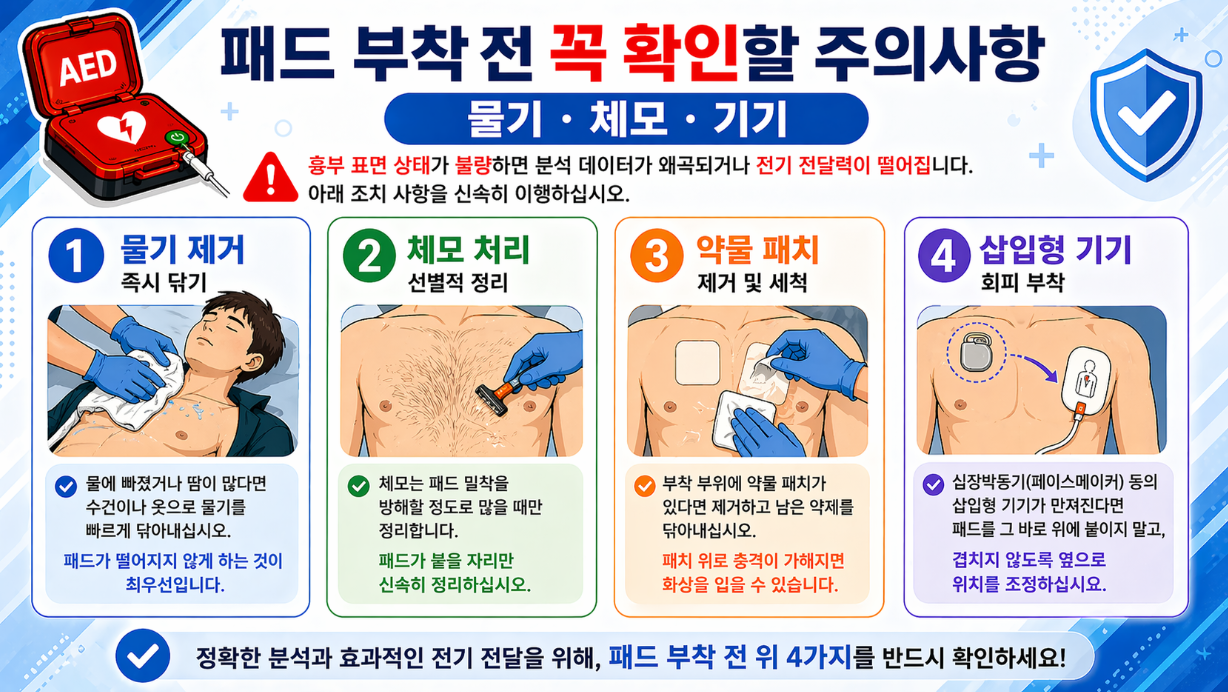 AED 패드 부착 전 물기·체모·약물 패치·삽입형 기기 확인 사항 안내 이미지