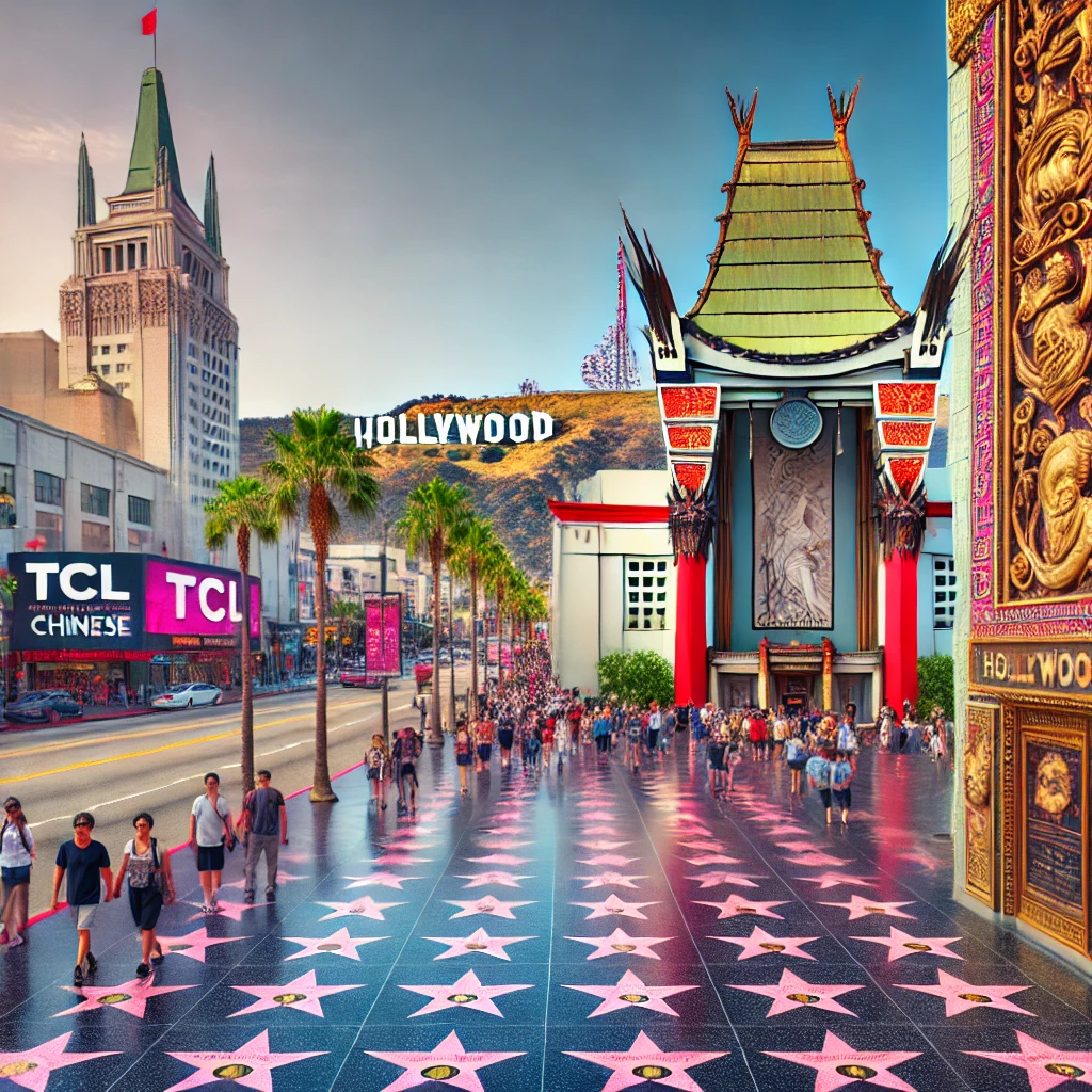 할리우드 명예의 거리(Walk of Fame)의 핑크빛 별, TCL 차이니즈 극장, 그리고 멀리 보이는 할리우드 사인