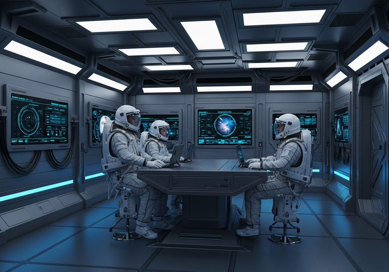 civilians in training suits participating in spaceflight simulation training