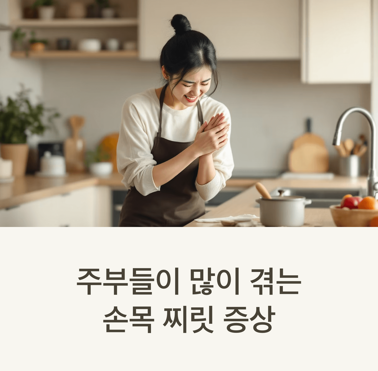A Korean woman grimacing in pain as she massages her wrist while performing household tasks in a kitchen setting.