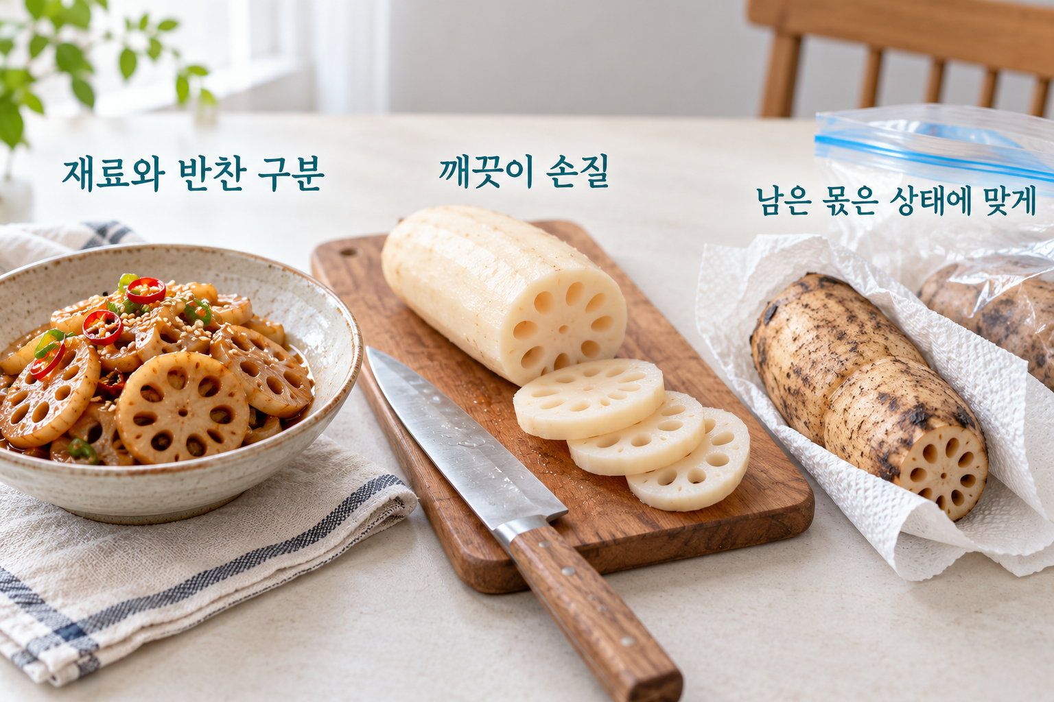 연근 반찬과 손질한 재료, 감싸 보관할 남은 연근을 함께 정리한 식탁
