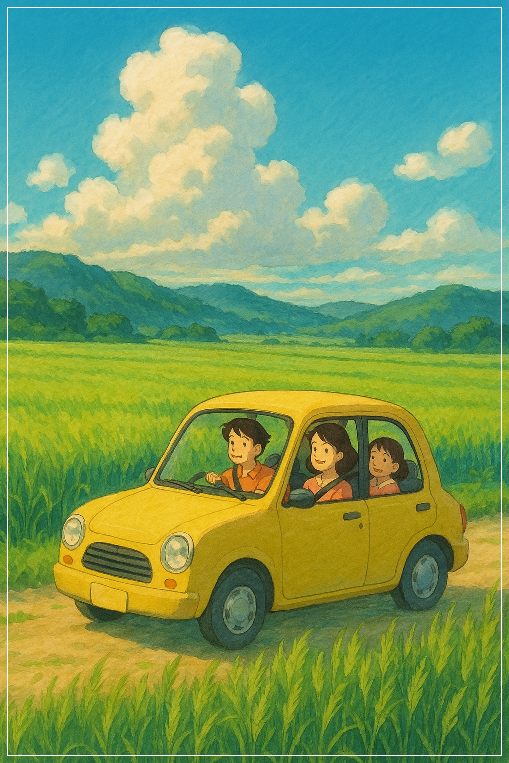 "가족이 함께 노란 차를 타고 청보리밭을 달리는 따뜻한 장면"