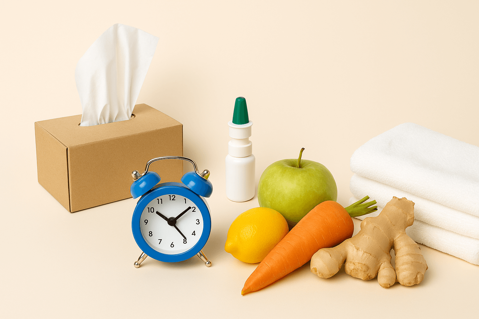 비염 증상 완화를 위한 생활 물품: 티슈, 코 스프레이, 알람시계, 생강, 당근, 사과, 레몬, 수건