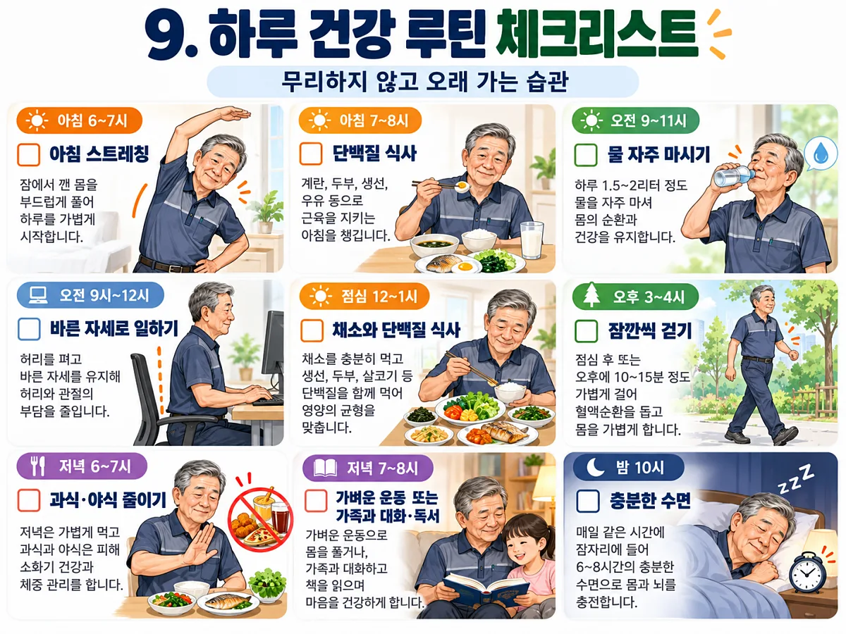 시설관리 남성의 식사와 수분 보충, 짧은 걷기와 휴식 하루 체크리스트 그림