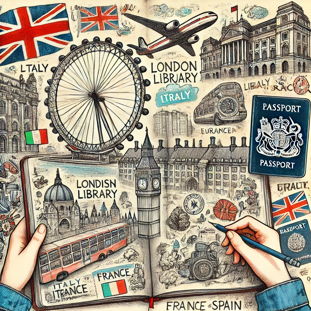 영국, 영국의 대표적인 풍경이나 상징적인 건축물을 나타내는 이미지, 런던이나 영국 전통적인 요소 포함