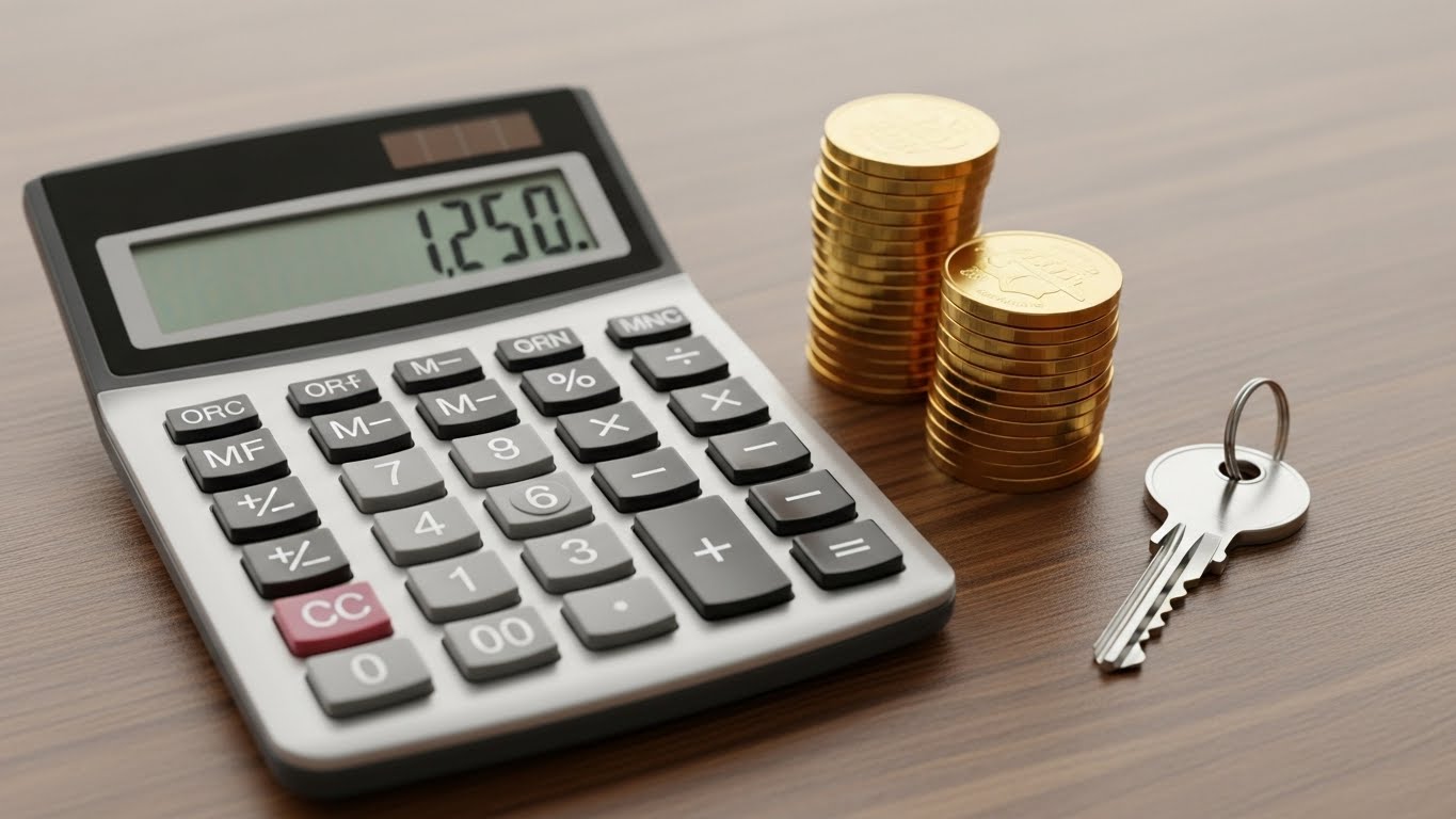 A calculator displaying numbers next to a stack of coins and a house key, representing the negotiation between rent increase and loan interest