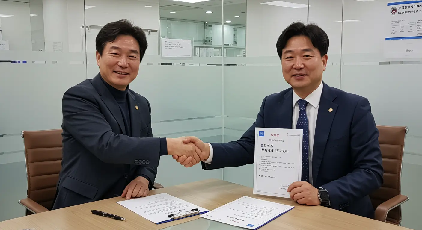 면책자 전문 금융 컨설턴트와 함께 '새출발 재무 계획서'를 완성하고 악수하는 모습