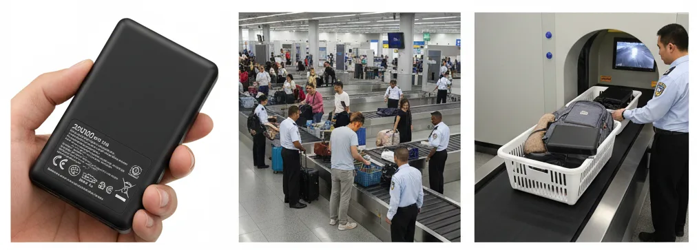 mAh 용량이 기재된 보조배터리 상세 사진과 공항 보안 검색대 검사 과정