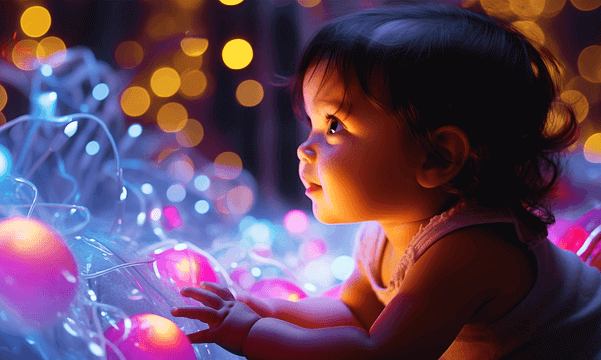 검정머리 아기가 불빛을 바라보는 옆모습이다. 노란색, 하늘색, 분홍색 불빛들이 사방에 가득하다.