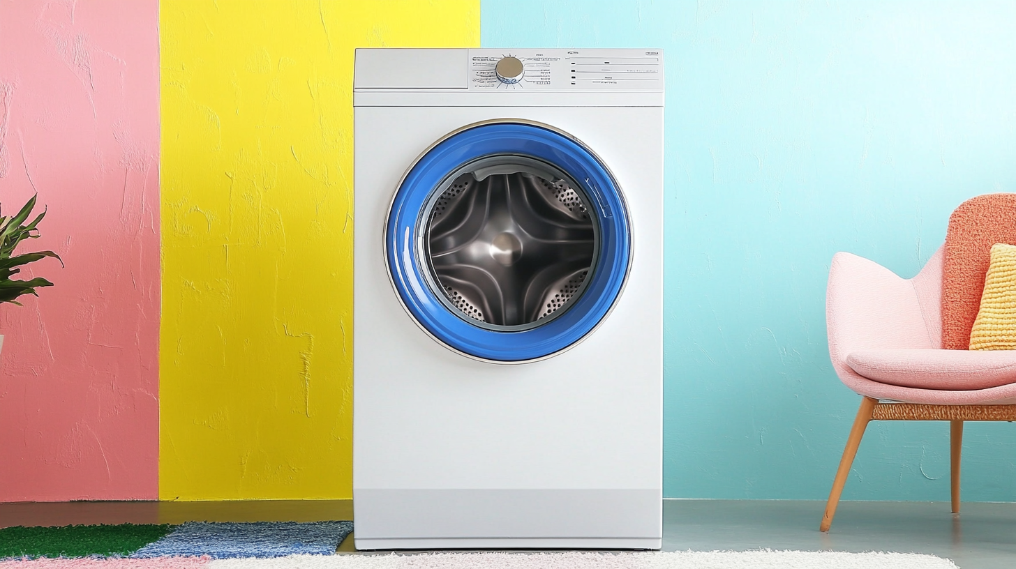 세탁기의 세련된 디자인과 대용량 드럼을 강조한 현대적인 가정 환경, 밝고 편안한 분위기에서 세탁기가 돋보이는 모습