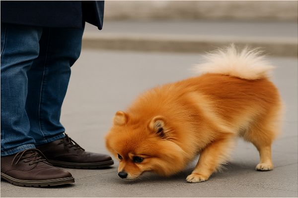 낯선 사람이 다가오자 포메라니안이 몸을 낮추고 고개를 살짝 돌리며 바닥 냄새를 맡는 모습.