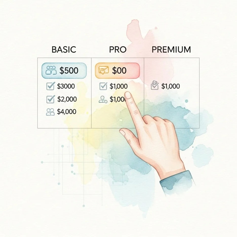 구독 옵션을 가리키는 손과 가격 정보.
