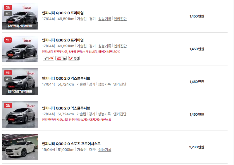 인피니티 Q30 중고차 가격 시세표 연비