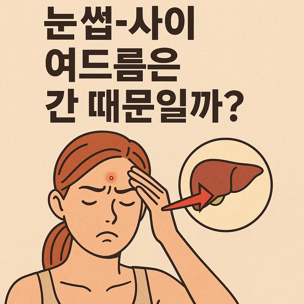 눈썹-사이에-난-여드름이-간과-관련이-있는지를-질문하는-여성과-간-아이콘이-표현된-일러스트